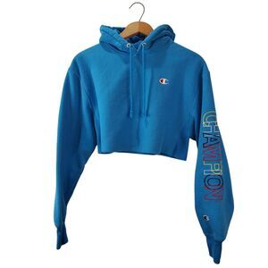 Champion Reverse Weave Sweatshirt Cropped Hoodie Women Small Blue Logo Spellout